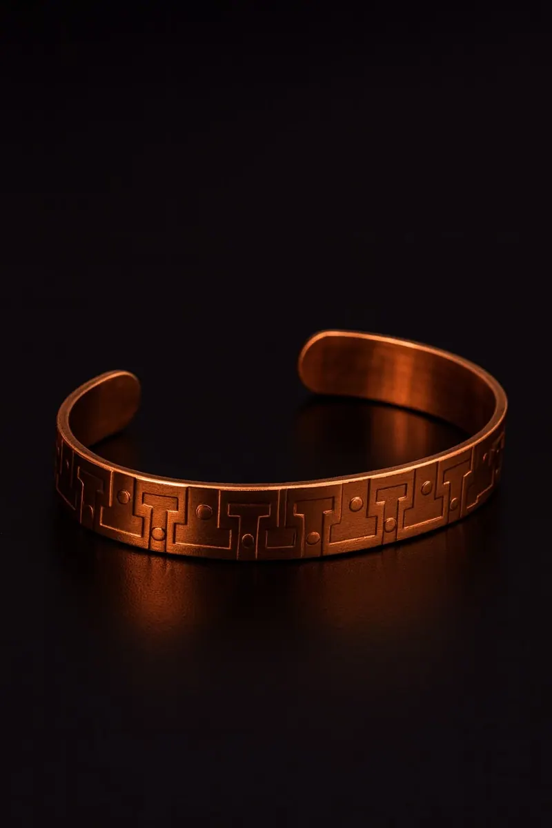 Pulseira de cobre com desenho geométrico em degraus e pontos, sobre fundo preto